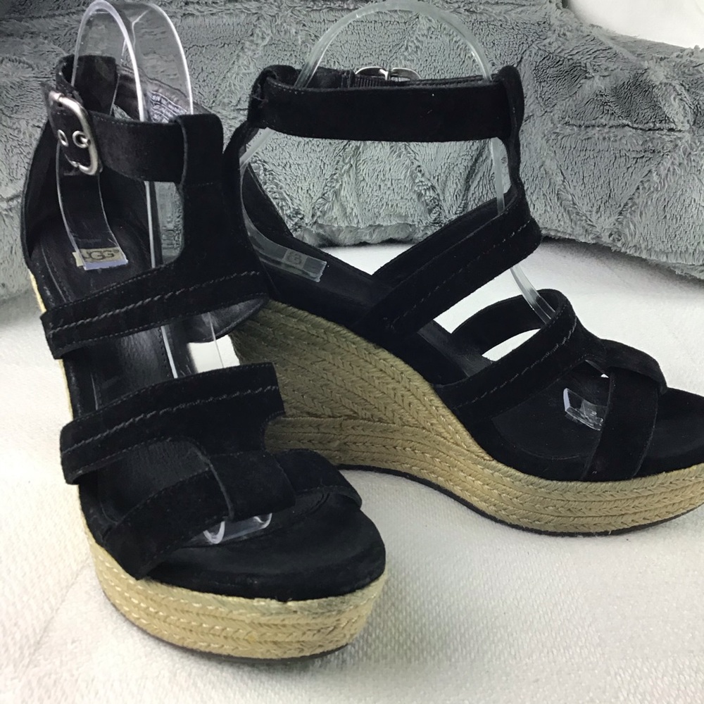 UGG black velvet straps platform wedge espadrille